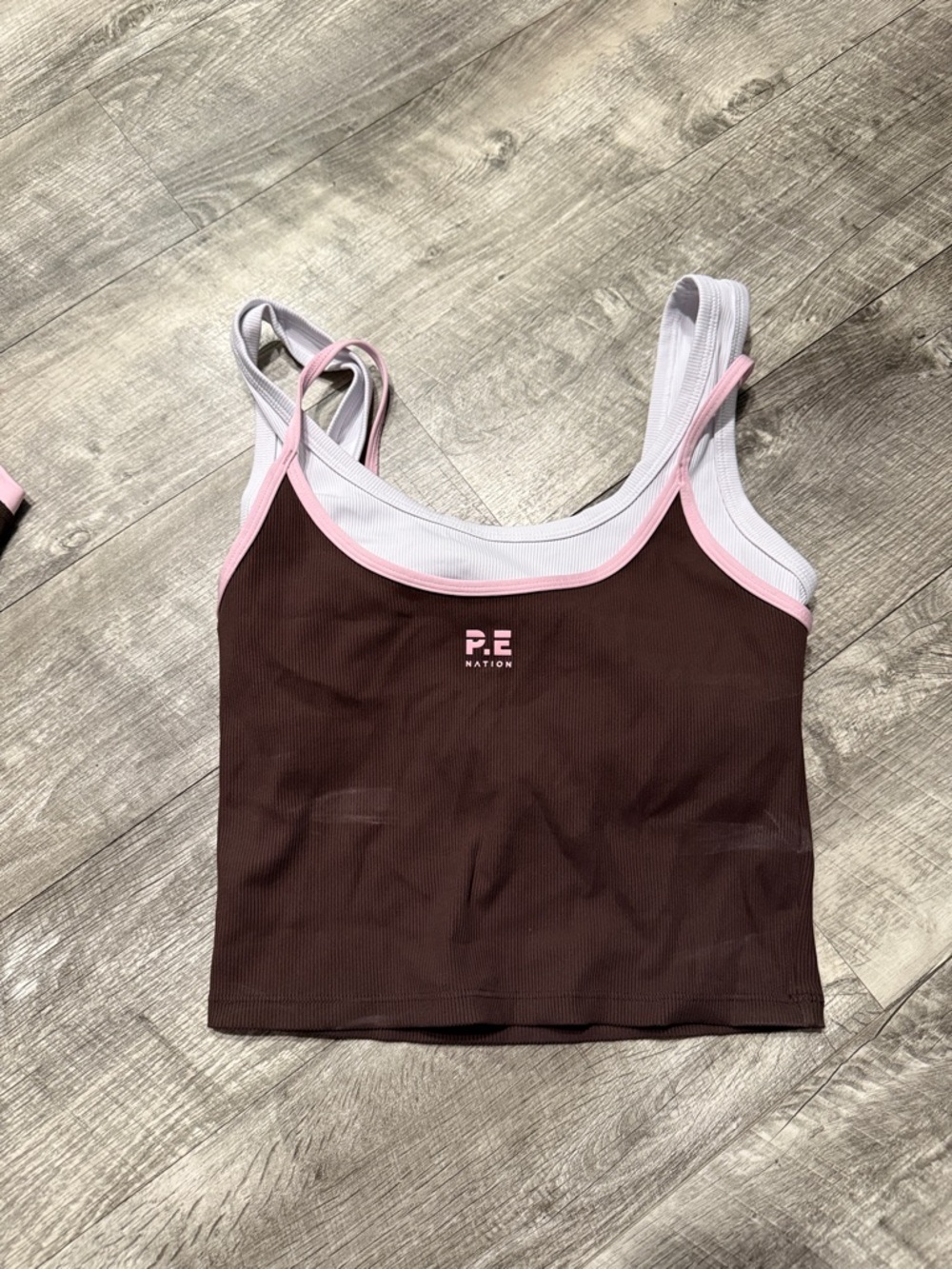 P.E Nation Brown Crop Tank with Pink Trim and White Straps